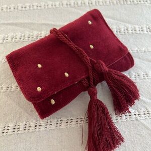 👛 Sezane Red Velvet Polka Dot Trifold Wallet with Tassel 👛